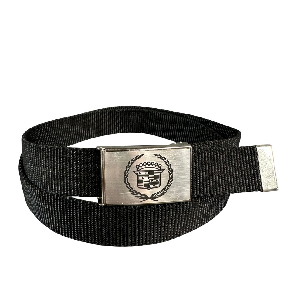 Cadillac GM Licensed Black Web Belt Silver Crest Logo Buckle Adjustable 48 Inch